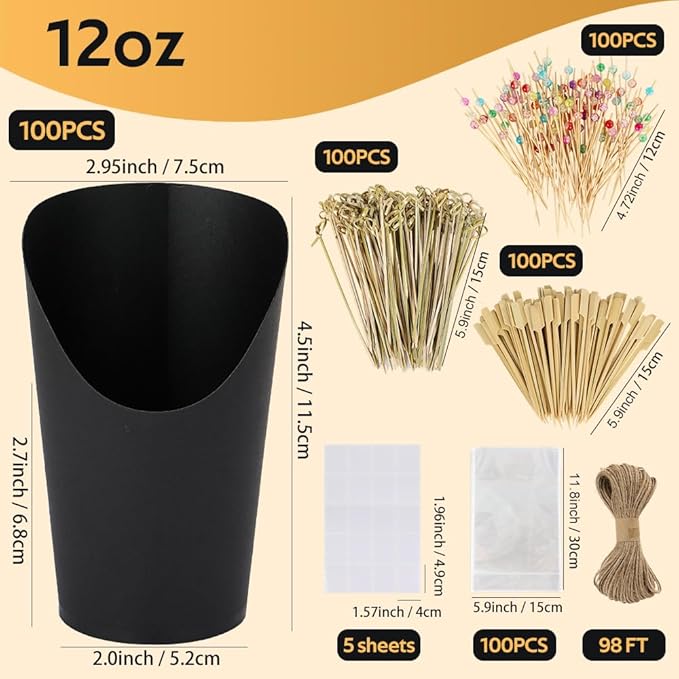 100 Sets 12 oz Black Charcuterie Cups with Sticks, 300 Picks + 100 Bags + 100 Labels, Individual Charcuterie Cups, Paper Snack Cups Disposable French Fry Cups for Parties, Catering
