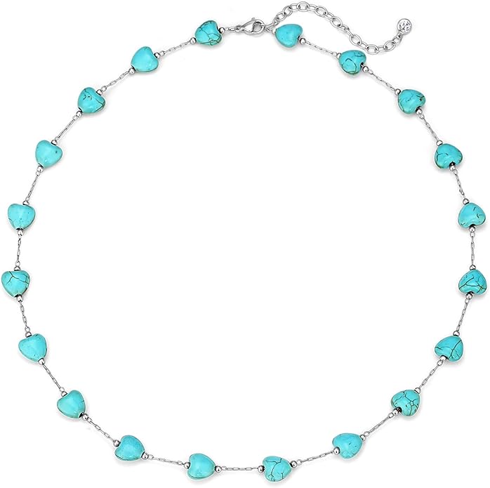 Created Turquoise Necklace for Women 14K Gold Plated Beaded Heart Choker Boho Necklaces Handmade Beach Summer Everyday Western Jewelry Gifts