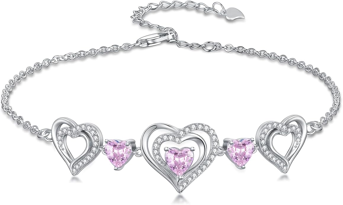 Birthstone Charm Link Bracelet 925 Sterling Silver Rose/Heart/Mom Bracelet with 12 Months Birthstone Mother's Day Gift Jewelry Gifts for Women,Chain Length 7"+2" Extend