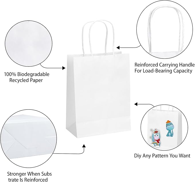 MOZRRO Gift Bags, 100 Pack 10.5x8.5x4.5 Inch, Paper Bags with Handles, Medium Size, White Gift Bag for Birthday, Wedding, Bulk, Party, Lunch, Goodie