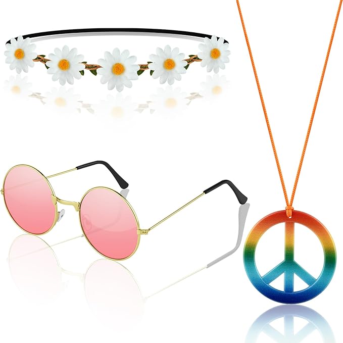 NEBURORA Hippie Costume Accessories Set 60s 70s Daisy Headband Peace Sign Necklaces Hippie Sunglasses for Carnival Party