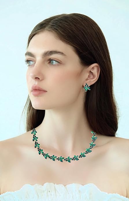Bridal Wedding Crystal Leaf Choker Necklace Dangle Earring Bracelet Brides Bridesmaid Jewelry Set for Women