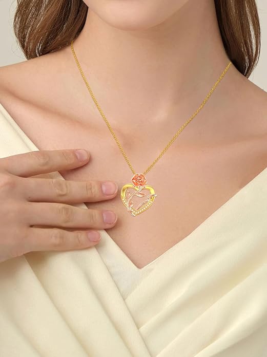 14K Solid Gold Rose Flower/Sunflower Necklaces for Women Flower Heart Pendant Necklace Love Sunshine Jewelry Anniversary Valentine's Day Birthday GiftS for Women Wife Girlfriend Her Mom