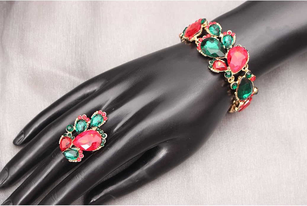 Women's Wedding Bridal Austrian Crystal Glass Teardrop Statement Necklace Dangle Earrings Bracelet Ring Wedding Party Jewelry Set for Bridal Bridesmaid