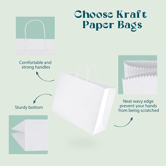 MESHA White Large Paper Bags 16x6x12 Inch 100 Pack Kraft Shopping Gift Bags with Handles Bulk for Small Business, Party, Recycled
