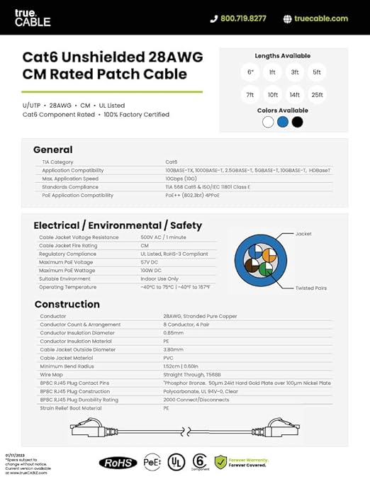 TRUECABLE Cat6 Component Rated Patch Cable, Unshielded (U/UTP), 1ft, White, 28AWG Solid Copper, Snagless 10G High-Speed Ethernet Cable, PoE++ 4PPoE 100W, UL Listed, RoHS-3, 1 Pack