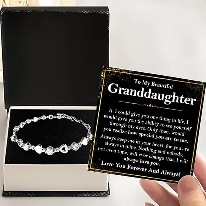 To My Granddaughter Bracelet from Grandma and Grandpa, Heart Chain Bracelet with Shiny Stones, Perfect Birthday or Graduation Christmas Gift for Granddaughter with Message Card and Gift Box