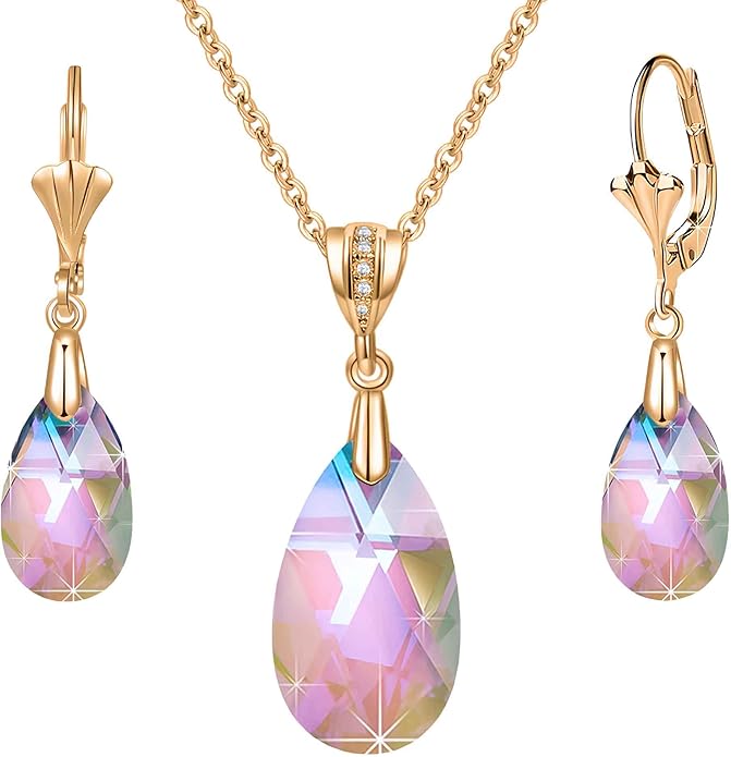 EVEVIC Austrian Crystals Teardrop Pendant Necklace Earrings for Women 14K Gold Plated Hypoallergenic Leverback Drop Dangle Earrings Jewelry Set