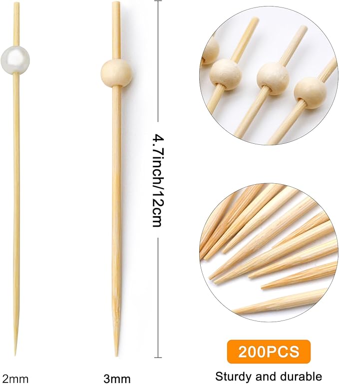 BLUE TOP 200PCS Wood Pearl Cocktail Picks for Drinks&Food, 4.7 Inch Fancy Decorative Cocktail Toothpicks Food Picks, Decorative Bamboo picks for Halloween Parties Bar Hotel Events July 4th