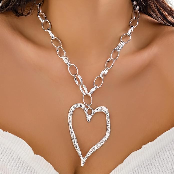 Bold Big Chunky Gold Heart Necklace for Women, Unique Large Thick Hollow Love Heart Pendant Chain Choker Necklaces Punk Party Prom Y2K Jewelry Gifts