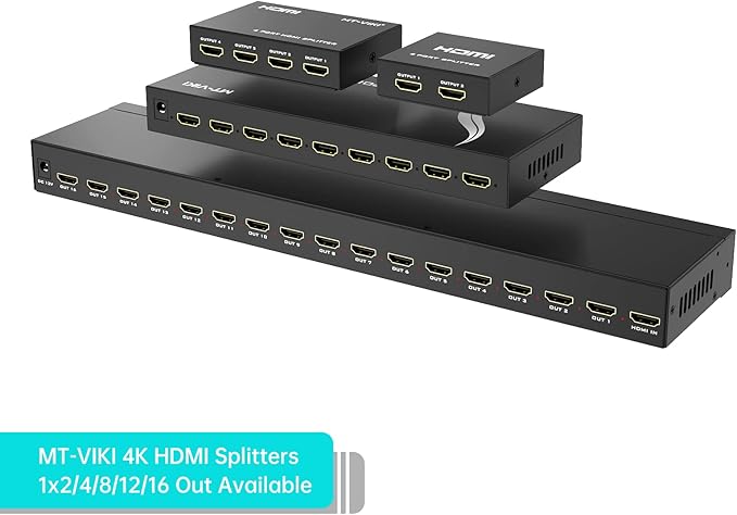 MT-VIKI 4K 1x8 HDMI Splitter 1 in 8 Out, 8 Port Powered HDMI Splitter Multi Monitor Outputs 3D 4Kx2K@30Hz for Projector, HDTV