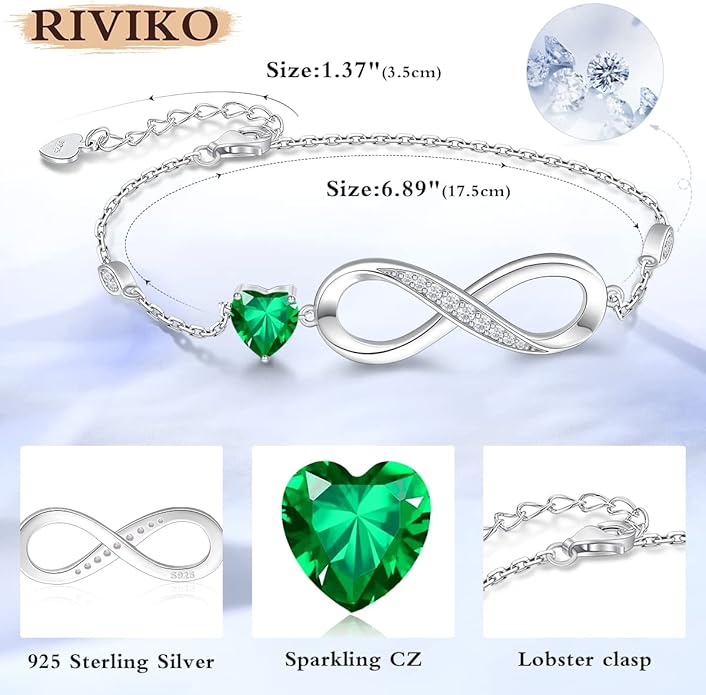 RIVIKO Infinity Love Heart Symbol Charm Bracelet for Women 925 Sterling Silver Adjustable Birthday Valentine’s Day Christmas Mothers Day Jewelry Gift for Mom Women Wife Her Friends