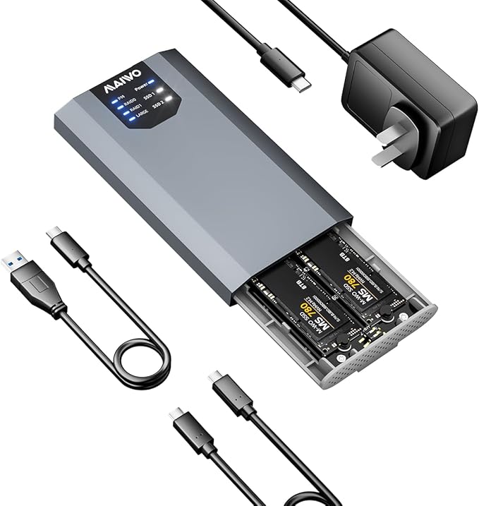MAIWO Dual M.2 NVMe SSD Enclosure with 4 RAIDs, M.2 NVMe PCIe RAID Enclosure Supports RAID0/1/PM/Large, USB 3.2 Gen2x2 Type-C 20Gbps Speed, 8TB Capacity