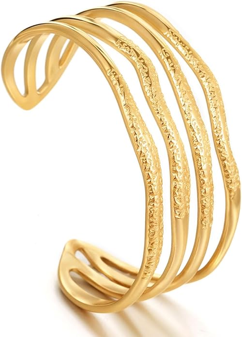 hotoo Gold Open Cuff Bangles Wide Woven Bracelets For Women Stainless Steel Stackable Jewelry For Xmas Birthday Gifts
