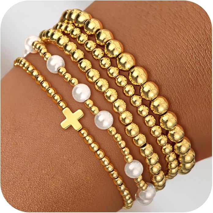 Gold Bead Bracelets for Women Girls - 14K Gold Plated Dainty Round Bead Ball Pearl Cross Bracelet Stack for Women Teenage Girls Stackable Jewelry Christmas Gifts
