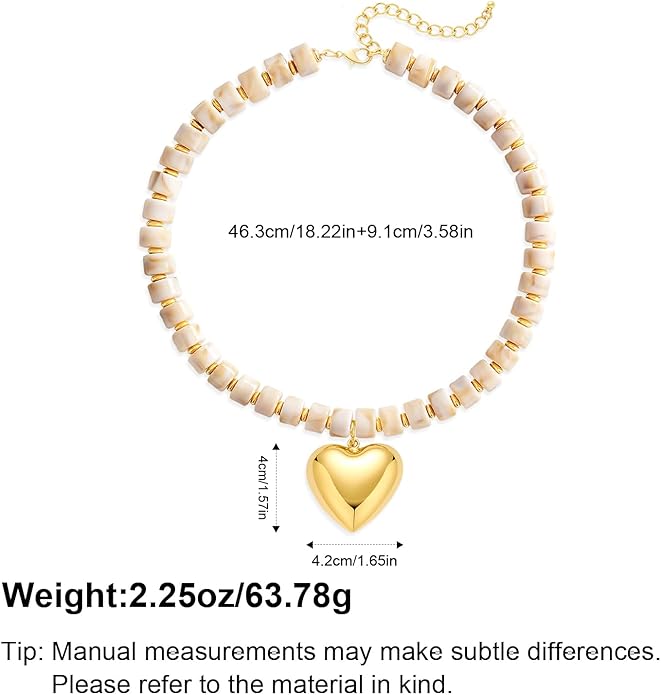 Boho Chunky Heart Necklace for Women - Resin Beaded Choker with Gold Pendant, Summer Beach Vacation Jewelry, Trendy Surfer Y2K Statement Necklace Gifts for Her