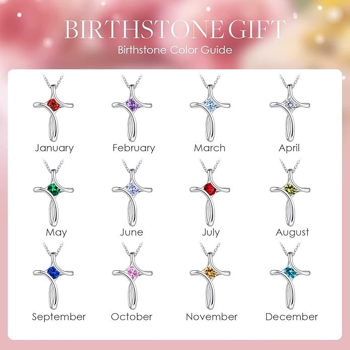 Cross Necklace for Women, 925 Sterling Silver Birthstone Necklace for Women with Diamond Sideways Cross Necklaces Birthstone Jewelry Birthday Gifts for Womens