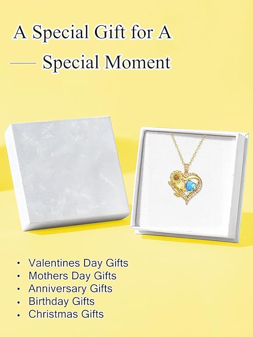 Sunflower Heart Necklace for Women 14K Gold Exquisite Valentines Day Anniversary Birthday Gifts for Wife Mother Her Double Birthstone Pendant Jewelry‘You Are My Sunshine’