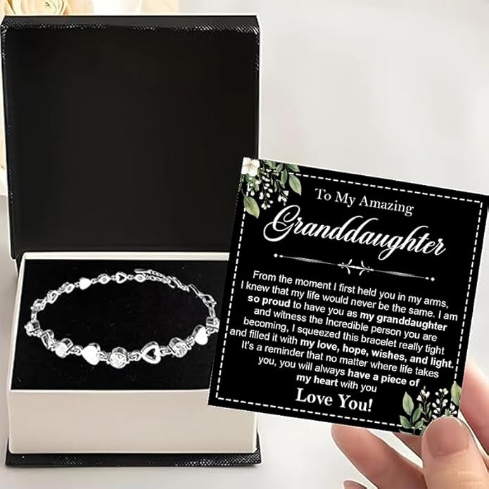To My Granddaughter Bracelet from Grandma and Grandpa, Heart Chain Bracelet with Shiny Stones, Perfect Birthday or Graduation Christmas Gift for Granddaughter with Message Card and Gift Box