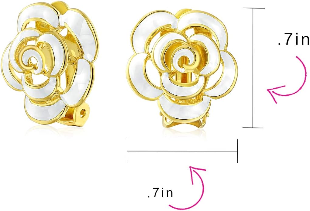 Pink Red Enamel Flower Crystal Edge Spring Retro Floral Rose Clip On Earrings For Women Non Pierced Ears 14K Gold Plated