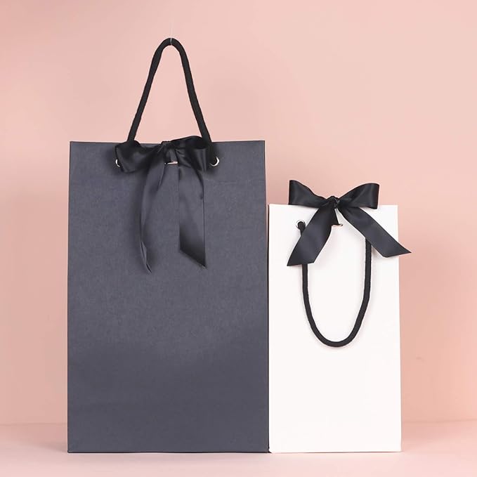 PAPERIST 8pcs 11.8x4.9x15.7” Elegance Black Gift Bag with Black Satin Bows Ribbon, Sturdy Durable Thick Gift Bag,Gift bag for Wedding, Christmas, Birthday Party, Bridal Shower, Baby Shower