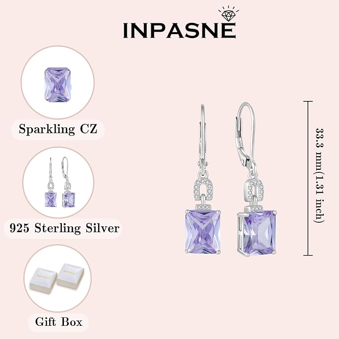 Emerald Cut Earrings 925 Sterling Silver Baguette Birthstone Dangle Drop Leverback Earrings Jewelry Gifts for Women