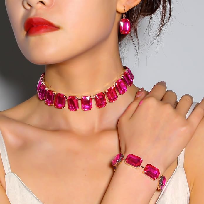 KOSMOS-LI Rectangle Faux Crystal Jewelry Sets Includ Necklace Bracelet Earrings For Women Stocking Stuffers