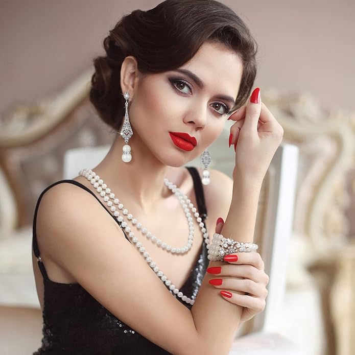 Maitys 3 Pcs 1920s Pearl Jewelry Set Includes Vintage Flapper Earrings Multilayer Imitation Pearl Necklace Bracelet for Women