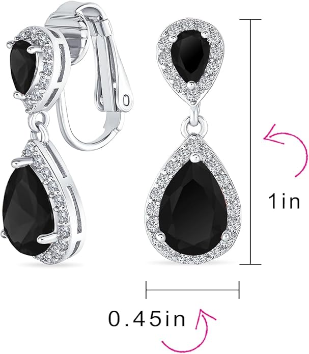 Vintage Style Bridal Cubic Zirconia Simulated Gemstone AAA CZ Halo Dangle Teardrop Chandelier Clip On Earrings For Women Silver Rose Gold Plated in Black Purple Blue Red Rose Pink Green Clear