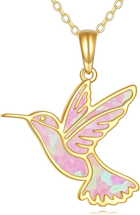 GEHN Hummingbird Necklace 14K Solid Gold Opal Hummingbird Pendant Necklace Hummingbird Jewelry Bird Gifts for Women Lover