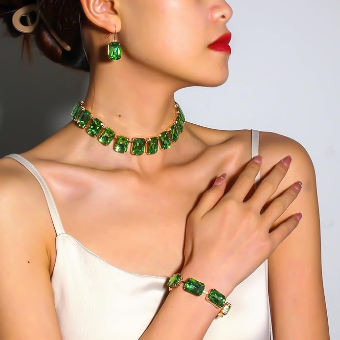 KOSMOS-LI Rectangle Faux Crystal Jewelry Sets Includ Necklace Bracelet Earrings For Women Stocking Stuffers