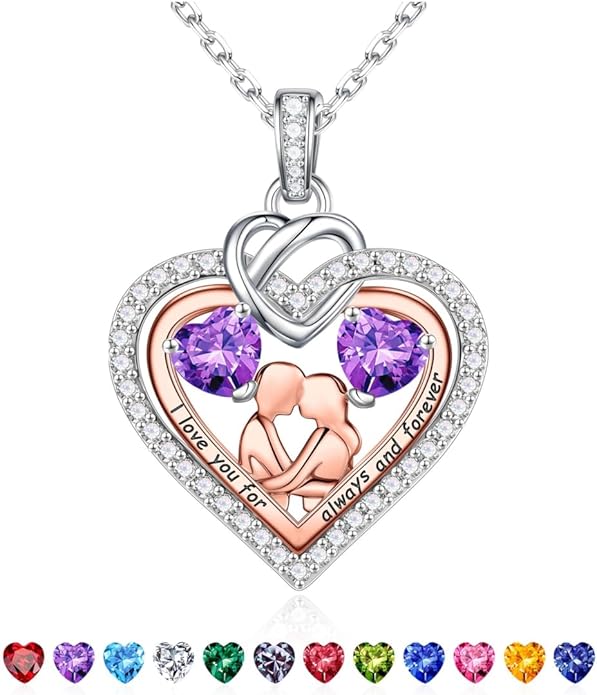 Iefil Valentines Day Gifts for Her - 925 Sterling Silver Double Heart Birthstone Necklace for Women, Anniversary Birthday Gifts for Wife I Love You Gift Couple Sitting Hugging Each Other Jewelry Gift