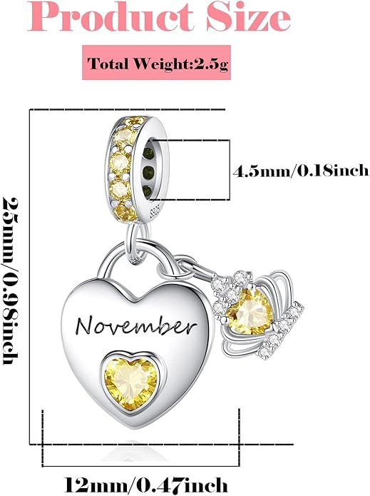 Birthstone Charms for Charms Bracelet: 925 Sterling Silver Heart Dangle Charms for Bracelets and Necklaces, Birthday Mother's Day Christmas Gifts For Women.
