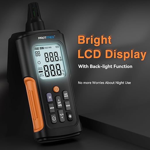 YT606 Temperature Humidity Meter High Precision Digital Hygrometer with Ambient, Relative Humidity, Dew Point, Wet Bulb Thermometer for Indoor Outdoor, Digital Thermometer Min/Max Hold, LCD Backlight