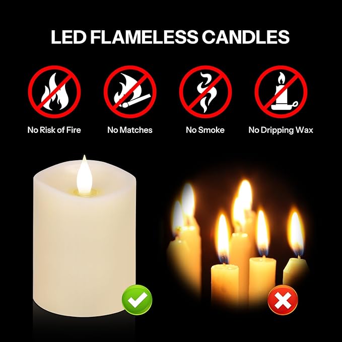 3x4 Flickering Flameless Candles Set of 1,Real Wax Pillar LED Candles with Battery,with Timer,4 inch Flameless Candles with Remote,for Christmas/Halloween/Party/Wedding,Ivory