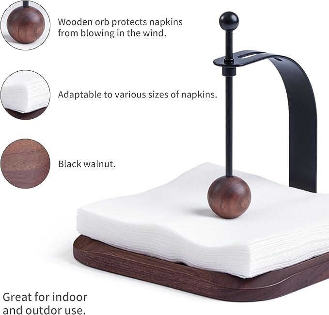 North American Walnut Napkin Holder for Table - Nordic Style Wooden Cocktail Napkin Holder Fits 5-7" Napkins - Windproof Dispenser for Kitchen, Coffee Bar, Cocktail Bar (Gift Idea)