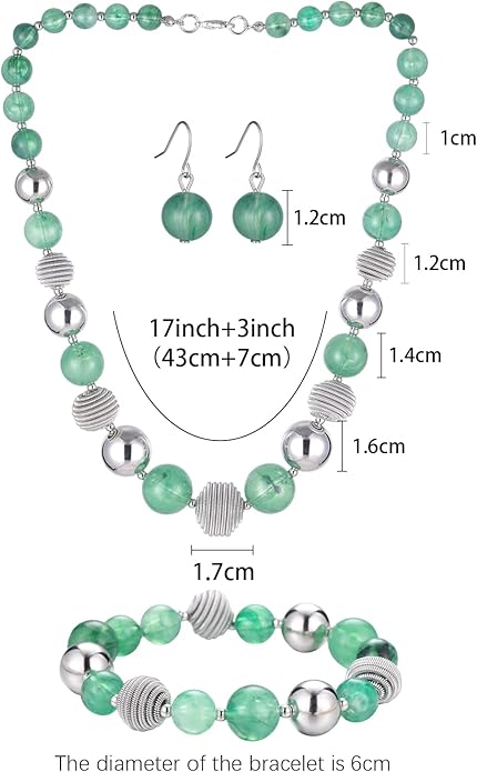 PEARL&CLUB Beaded Chunky Statement Necklace Earring and Bracelet Set Silver Metal Bead Fashion Jewelry Set Mothers’ Day Gifts for Women