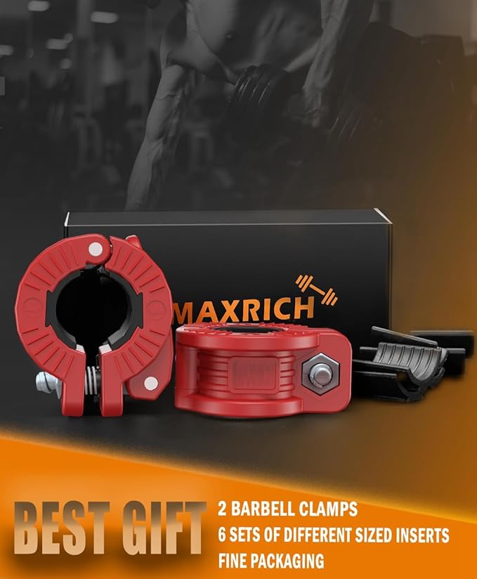 MAXRICH Barbell Clamp 1 inch Multiple Sizes & Adjustable Weight Clips for Quick Release Barbell Collars