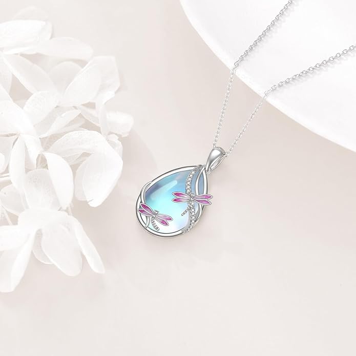 KQF Dragonfly/Butterlfy/Cat/Jellyfish/Bunny/Axolotl/Bee/Mermaid/Hummingbird/Elephant Necklace for Women Sterling Silver Moonstone Pendant Necklace Dragonfly Jewelry Gifts for Women