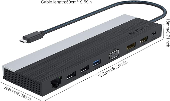 WAVLINK 12-in-1 USB C Docking Station, Triple Display Type C Hub Multiport Adapter with HDMI, DisplayPort, VGA, Ethernet, USB-C 100W PD3.0 Charging, USB3.0, USB2.0, SD/TF Card Reader, Audio- UMD03