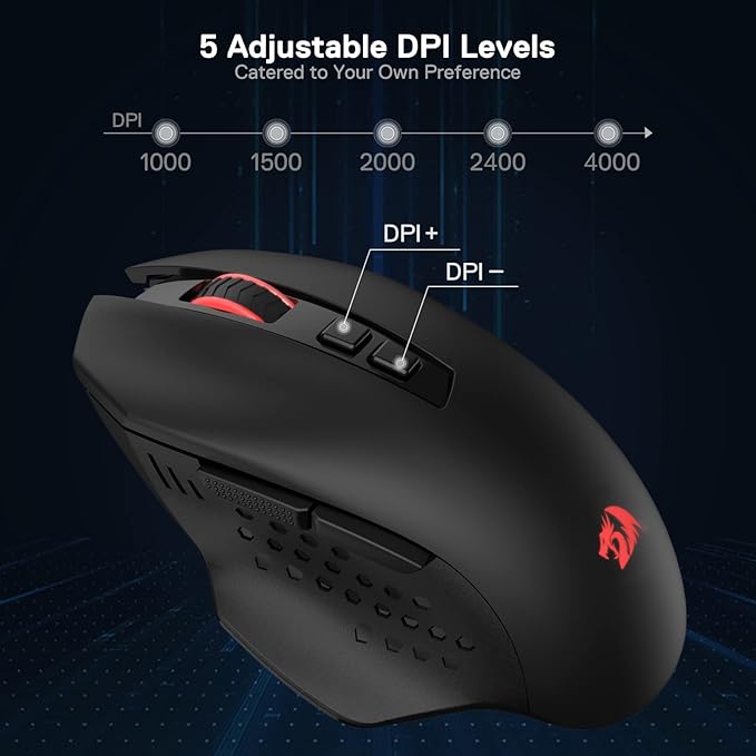 Redragon M656 Gainer Wireless Gaming Mouse, 4000 DPI 2.4Ghz Wireless Mouse w/ 5 DPI Levels, 7 Macro Buttons, Red LED Backlit & Pro Software/Drive Supported, for PC/Mac/Laptop