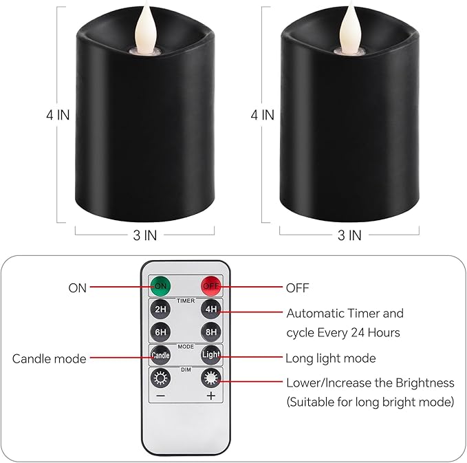 3x4 Flickering Flameless Candles Set of 2,Real Wax Pillar led Candles Flickering,with Timer,4 inch Flameless Candles with Remote,Battery Operated Candles,for Party Holiday Home Decor,Black