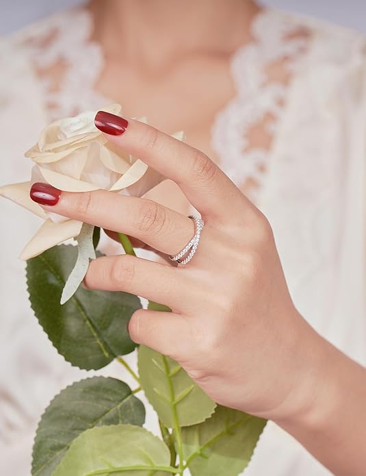 IMOLOVE Moissanite Eternity Ring, Criss Cross Wedding Bands for Women - Sterling Silver Stackable Rings Size 4-11