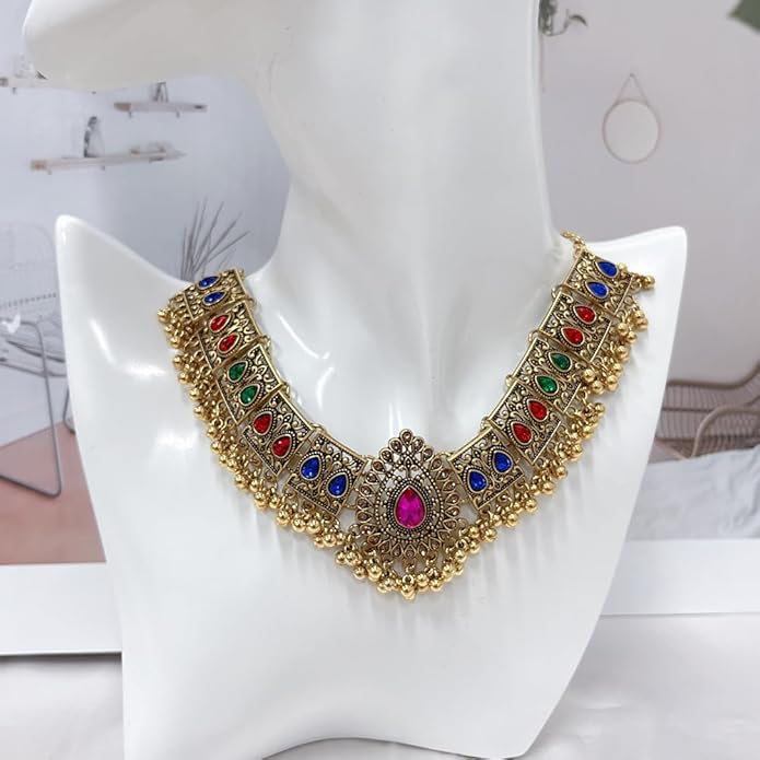 Indian Wedding Bridal Traditional Bohemian Jewellery Set for Women Girls Antique Oxidized Ethnic Party Prom Wear Statement Necklace Earring Tassel Bollywood Choker Punk Crystal Fashion Gift for Bride