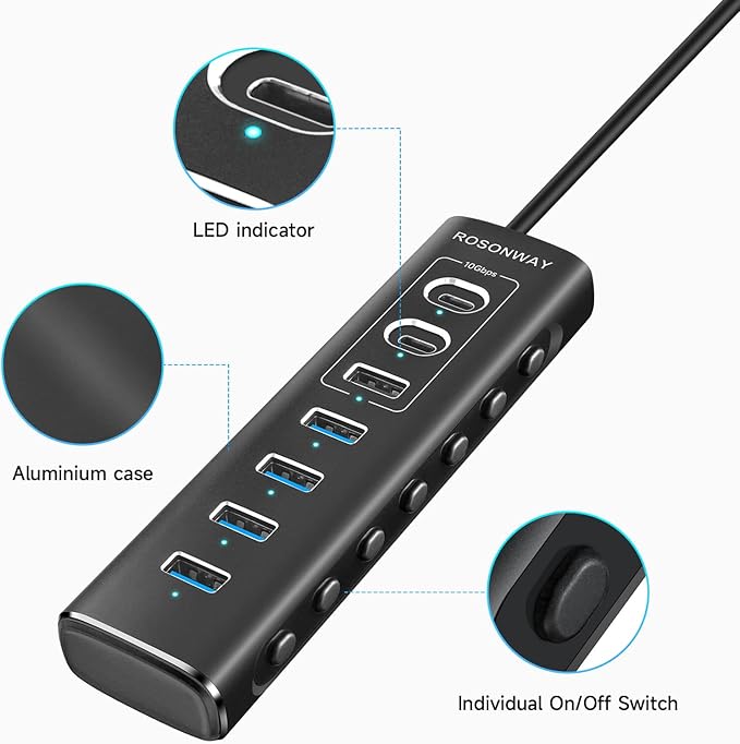 Powered USB Hub, Rosonway 7-Port USB 3.2/USB C Hub with 10Gbps USB-A 3.2, 2 USB-C 3.2, 4 USB 3.0 Ports, Individual Switches and 12V Power Adapter, Aluminum USB Port Expander for Laptop/PC, RSH-A107C