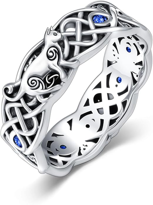 Seiyang Celtic Cat Ring 925 Sterling Silver Irish Trinity Knot Celtic Cat Wedding Promise Ring with 12 Months Birthstone Irish Lucky Jewelry Gifts for Women Mom Her