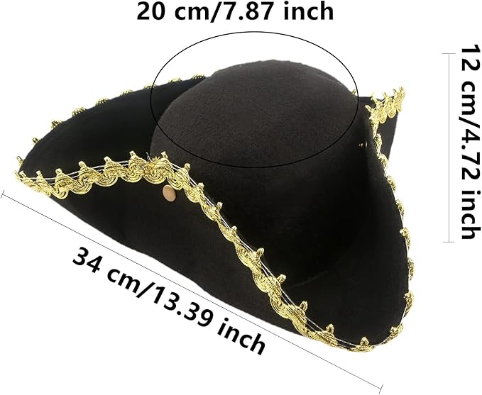 4 Pack Pirate Tricorn Hat Black Colonial Tri-Corner Hat with Gold Trimming for Pirate Theme Party Halloween Cosplay Masquerade Accessories