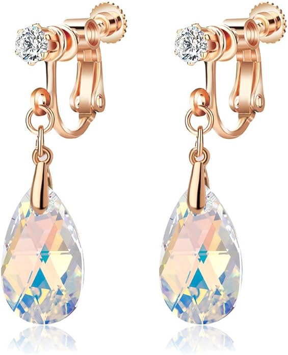 Teardrop Austrian Crystal Drop Clip On Dangle Earrings for Women Non Pierced 14K Rose Gold Plated Hypoallergenic Jewelry