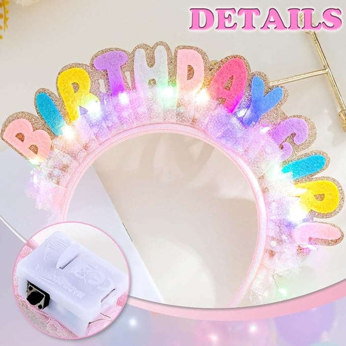 Light Up Birthday Girl Headbands LED Pink Birthday Crown Headpiece Glitter Party Hair Accessories for Women (Pink, One Size)