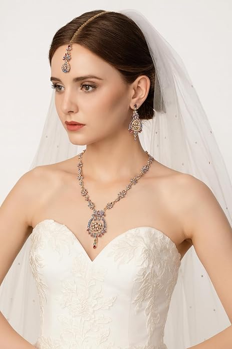 Touchstone Indian jewelry sets for women maang tikka wedding guest gold necklace bollywood jewellery set pageant elegant prom bride accessories western crystal chunky rhinestone necklaces